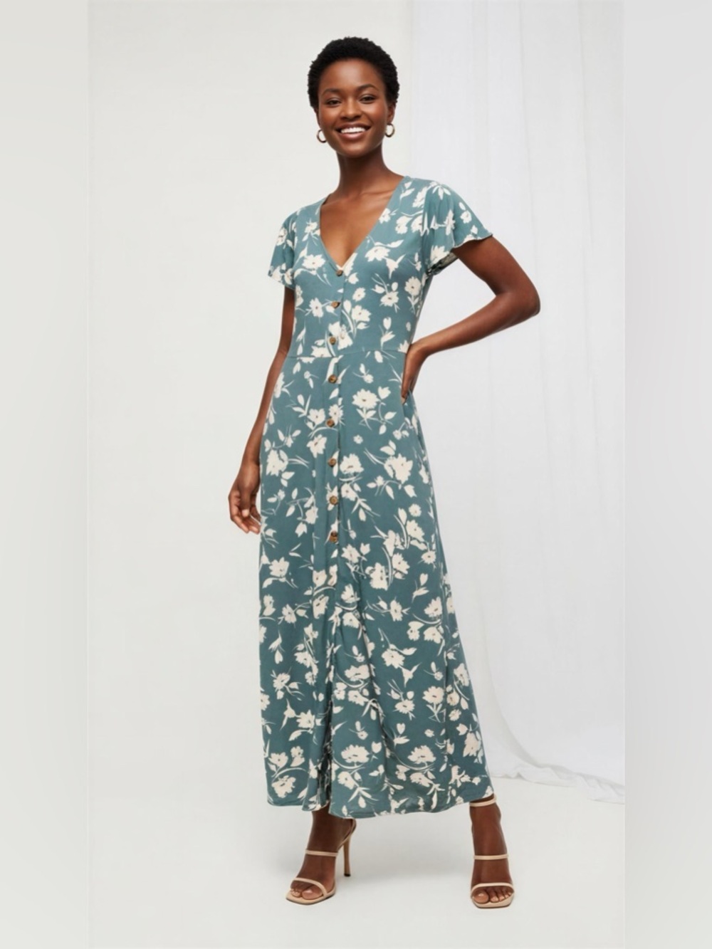 Fortune + Ivy Teal Floral Maxi Dress with Button Front Size M
